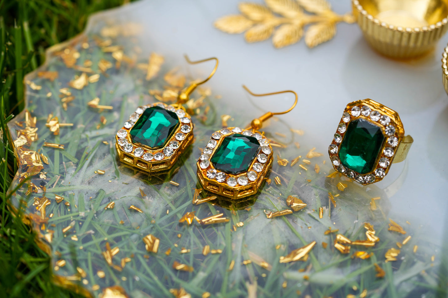 Green Emerald Sister Ring Earrings Jewellery Set