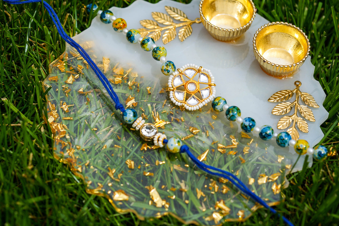 Blue Green Brother and Sister Rakhi Set